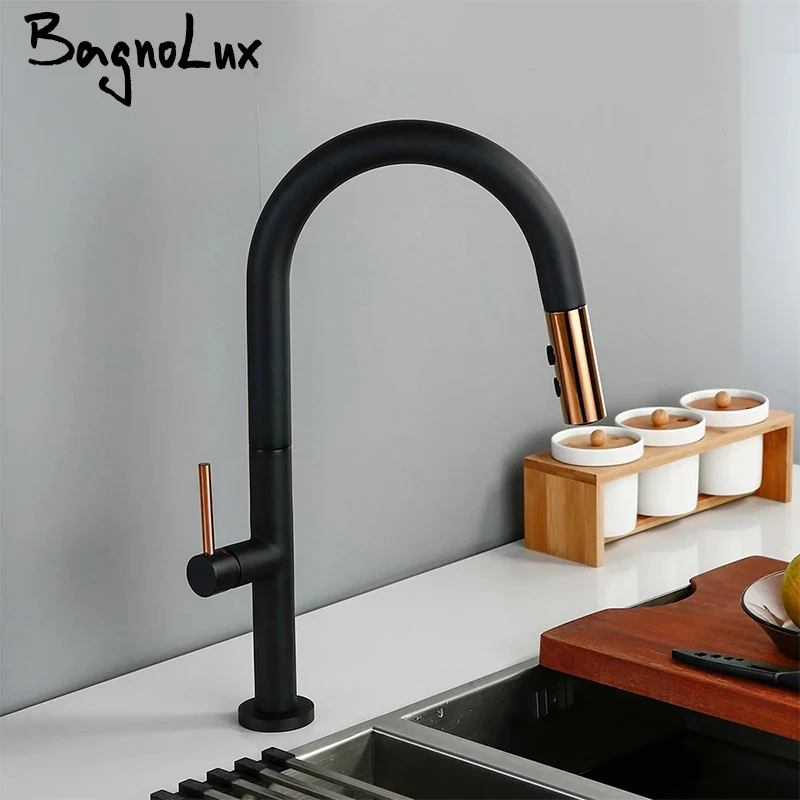 Bagnolux Black Brass Deck Mounted Single Holder Hole Degree Rotation Mixer Cold and Hot Water Pull Out Tap Kitchen Sink Faucet