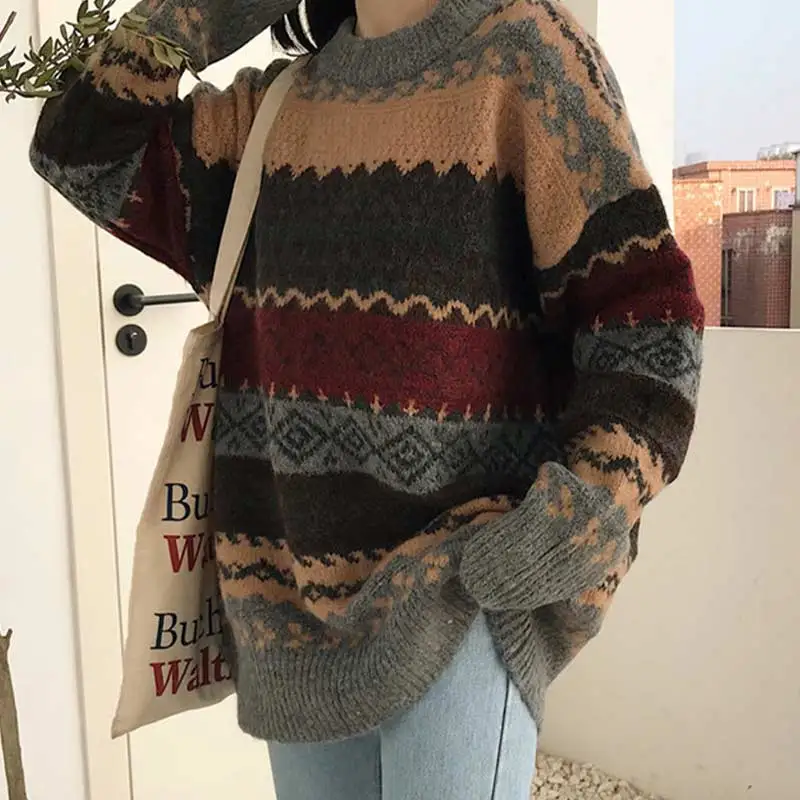 

Vintage Sweater Women Knitted Pullovers Winter Striped Jumper Casual Oversized Sweaters Ladies Long Sleeve Knitwear Warm Tops