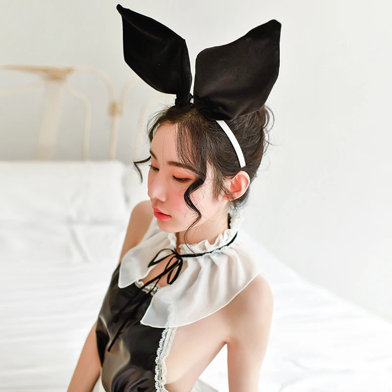 Black Sexy Bunny Girl Perspective Chiffon Turtleneck Backless Cute Maid Student Uniform Passion sleepwear nightdress Set