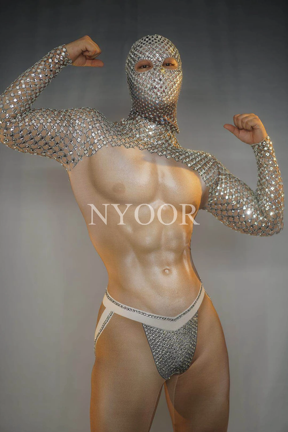 Sexy Nude Leotard Men Stage Wear Rave Party Show DS Costume Muscle Man Rhinestones Jumpsuit Bar Nightclub Performance Clothes