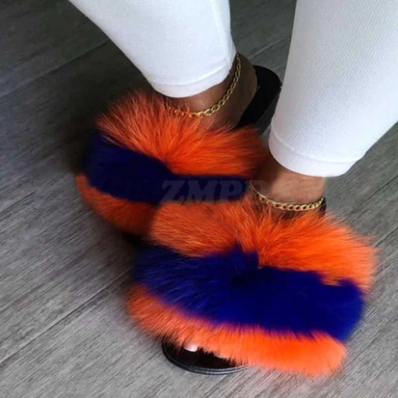 Women Fox Fur Slides Natural Raccoon Fur Slippers Fluffy Plush Home Fuzzy Shoes Ladies Luxury Brand Large Size Furry Sandals