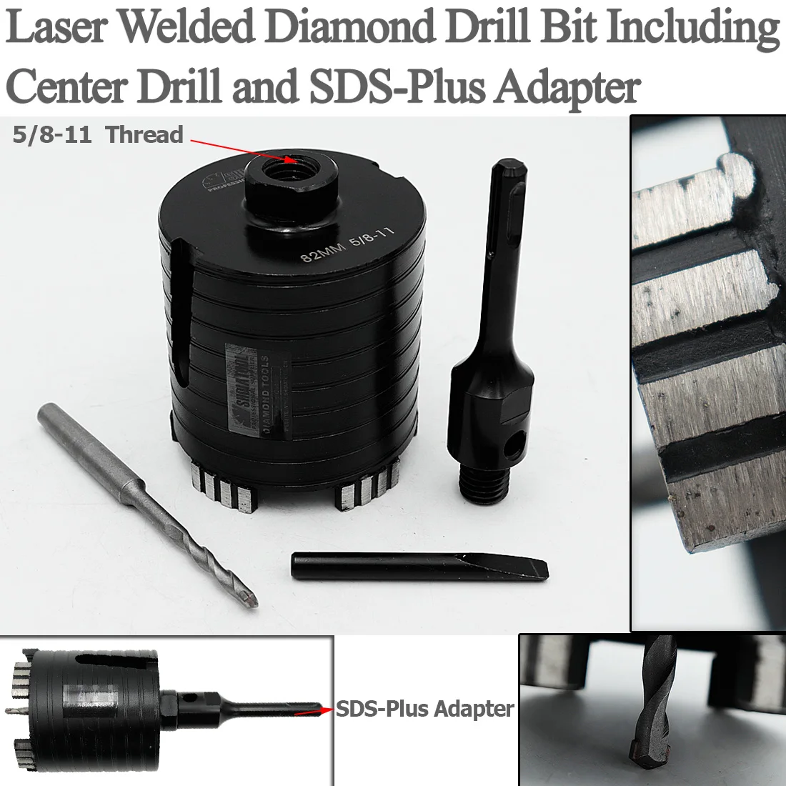 SHDIATOOL 2pcs Dia 82mm 5/8-11 Thread Laser Welded Diamond Core Drill Bit Including Center Drill and SDS-Plus Adapter