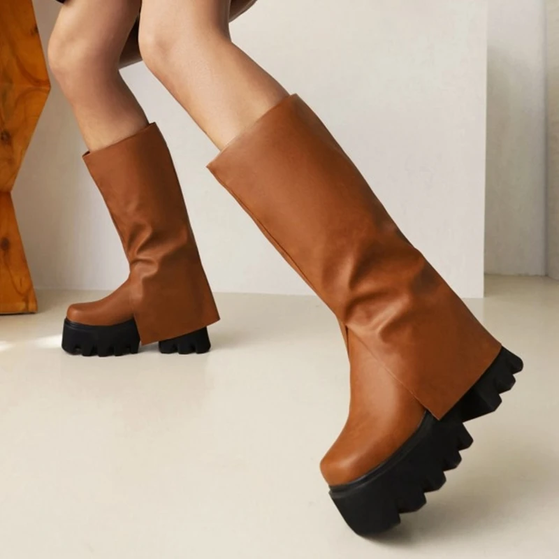 Unique Designed Slip on Shaft Short Boots Autumn Winter College Concise Knee High Boots Anti-Slip Thick Sole Platform