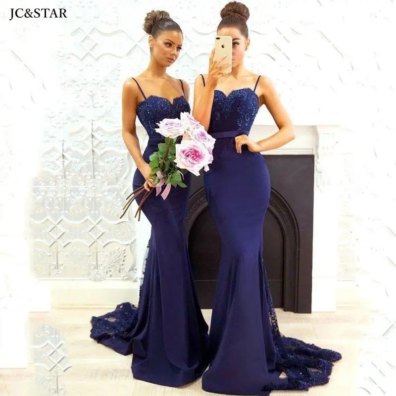 robe mariage femme new lace satin thin straps navy blue mermaid bridesmaid dress tail wedding party gown dvestido madrinha