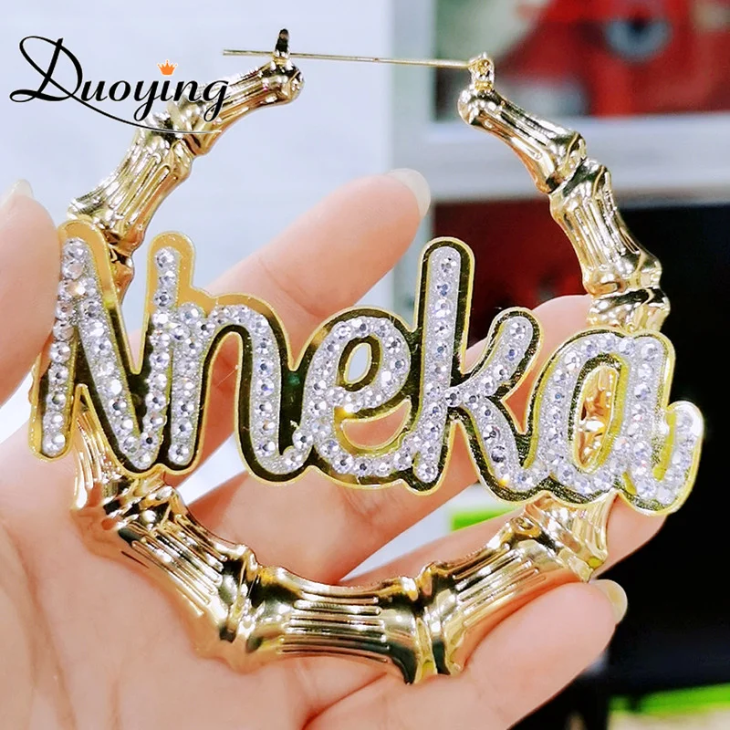 

DUOYING Custom Name Choker Acrylic Bamboo Earring Personlized Full Rhinestone With Nameplate Double Letters For Women Jewelry