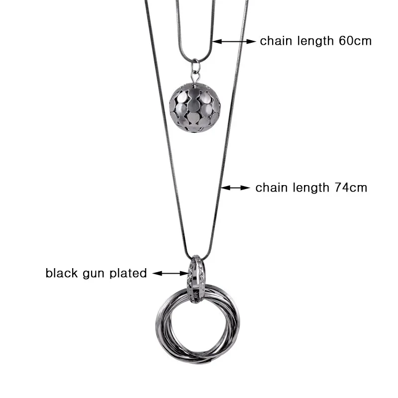 SINLEERY Multilayer Circle Double Chains Pendant Necklace Black Gun Color Metal Ball Long Neckalce For Women Jewelry MY457