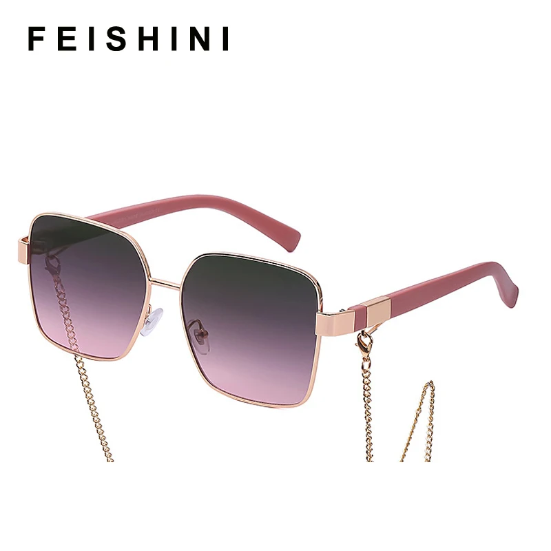 

FEISHINI Luxury Brand Necklace Lanyard Square Sunglasses Ladies Celebrity UV400 Fashion Metal Chain Women Glasses UV Protector