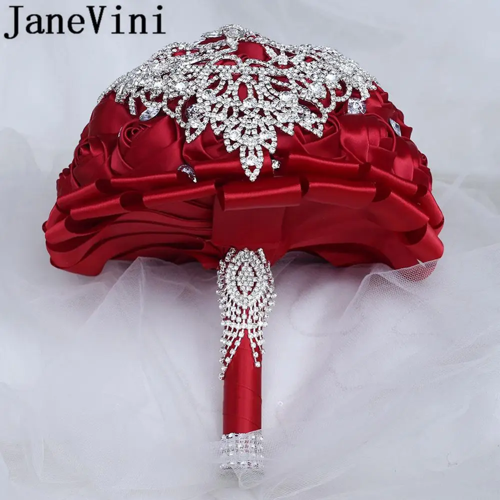 JaneVini Burgundy Rhinestone Wedding Bouquets with Silver Crystal Luxury Diamond Beaded Satin Rose Bridal Flower Bouquet 2019