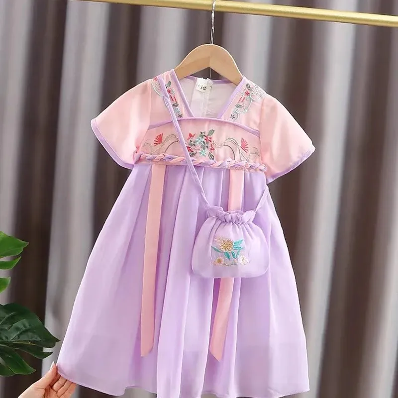 Hanfu Girls dress summer new girl baby Chinese style princess dress costume children\'s New Year  Dress free small bag