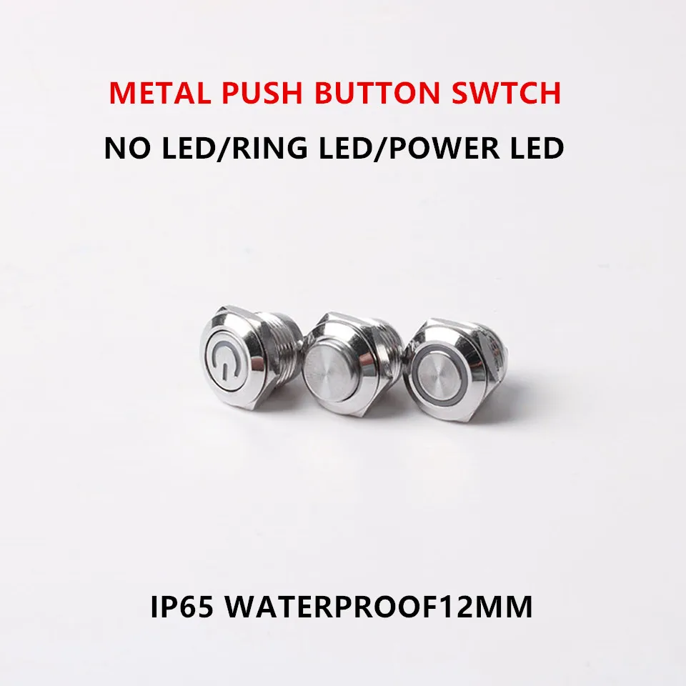 Waterproof IP65 12mm Flat /High head Without Lamp Power Led Light Momentary Electric  Short Mini Metal Push Button Switch