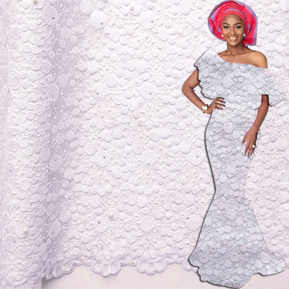 

Rhinestone Tulle Lace Fabric High Quality With Beads White French Lace Material Woman Nigerian Wedding African Lace Fabric