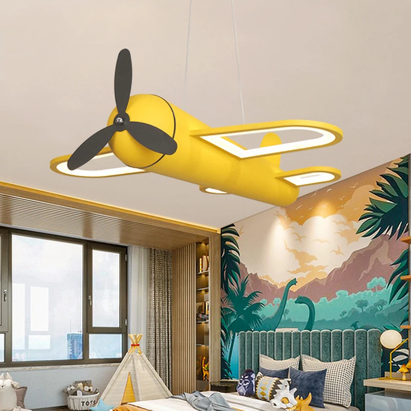 smart light led com protecao para os olhos para o quarto das criancas pingente de aeronave amarelo e azul lampadas nordicas criativas para meninos 01