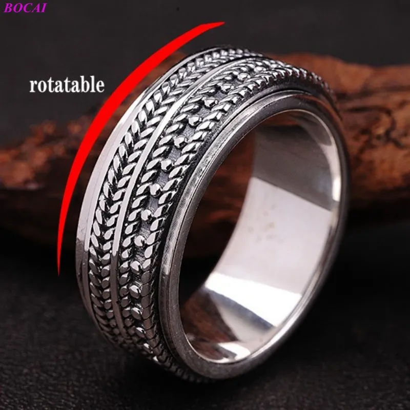 BOCAI S925 Sterling Silver Rings for Women Men New Fashion Wheat-Ear Pattern Rotatable Pure Argentum Jewelry Wholesale