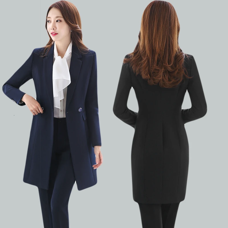 High Quality Fabric 2018 Fall Winter Women Blazers Suits Uniform Designs Business Ladies Office Suits With Long Windbreaker