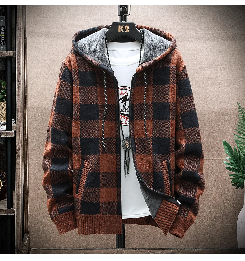 Männer Neue Winter Plaid Pullover Mit Kapuze Strickjacke Kalten Mantel Wolle Zipper Jacke Herbst Fleece Warme Kleidung Karierten Stricken Jumper – Detail 11