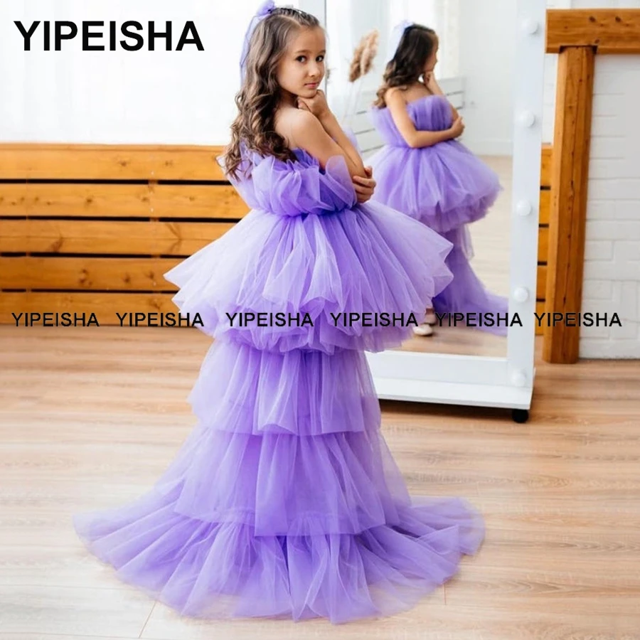 Yipeisha jewel lavanda em camadas flor meninas vestidos inchado tule crianças vestido de concurso alta baixa crianças aniversário comunhão wear