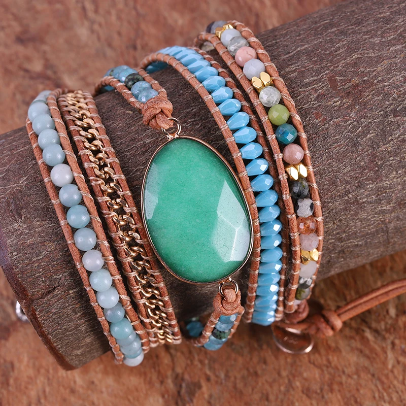 

Exclusive Wrap Bracelets Jewelry Handmade Natural Stone Crystal Leather Wrap Bracelet Statement Cuff Bangles Bracelets Gifts