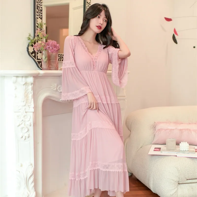 Spring Autumn Modal Women\'s Nightgowns Vintage Princess Gauze Long Sleepwear Girls Tiered Night Dress Home Wear