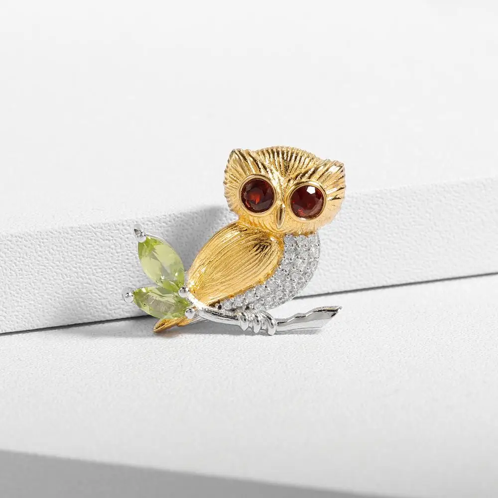 GEM'S BALLET 925 Sterling Silver Owl Pendant for Women Natural Peridot Red Garnet Gemstones Animal Brooch Fine Jewelry