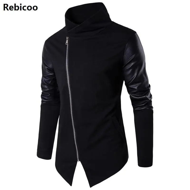 Men Hooded Sweatshirts with Leather Patchwork Hip Hop Mantle Hoodies Fashion Outwear long Sleeves Asymmetrical Man's Outwear