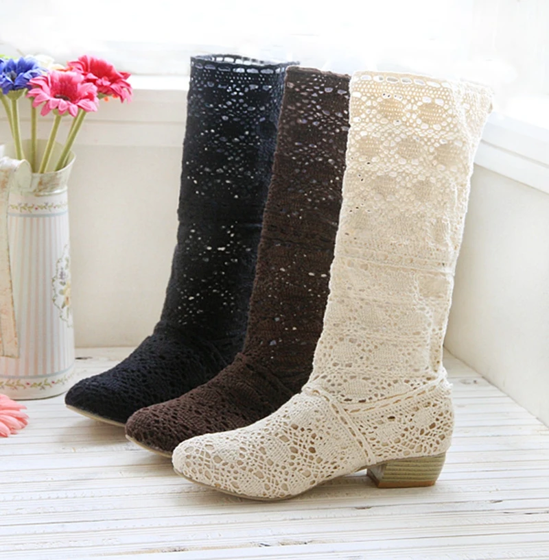 2020 high quality Hollow Boots Breathable Knit Line Mesh boots Summer Women Boots Knee High Womens Shoes Big size 34-43 AT18