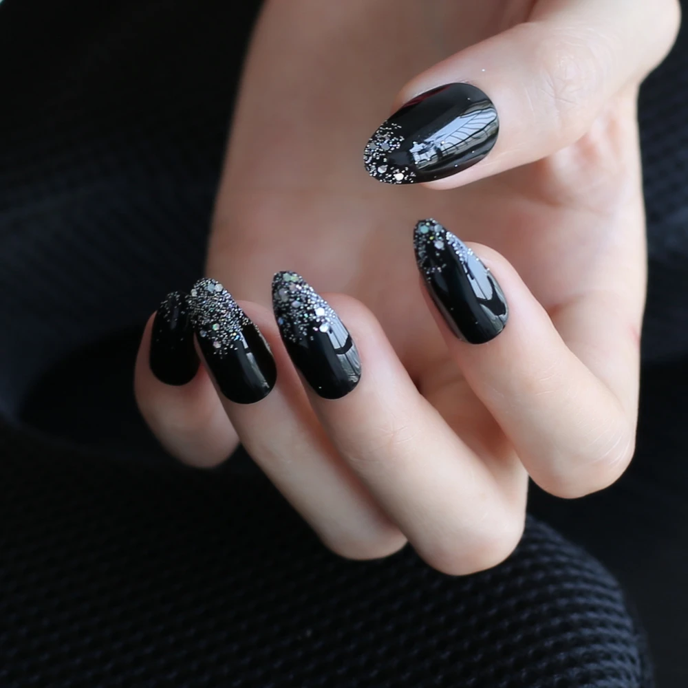 French glitter Stiletto UV wedding nails shiny glossy black false nails stiletto 24pcs full set