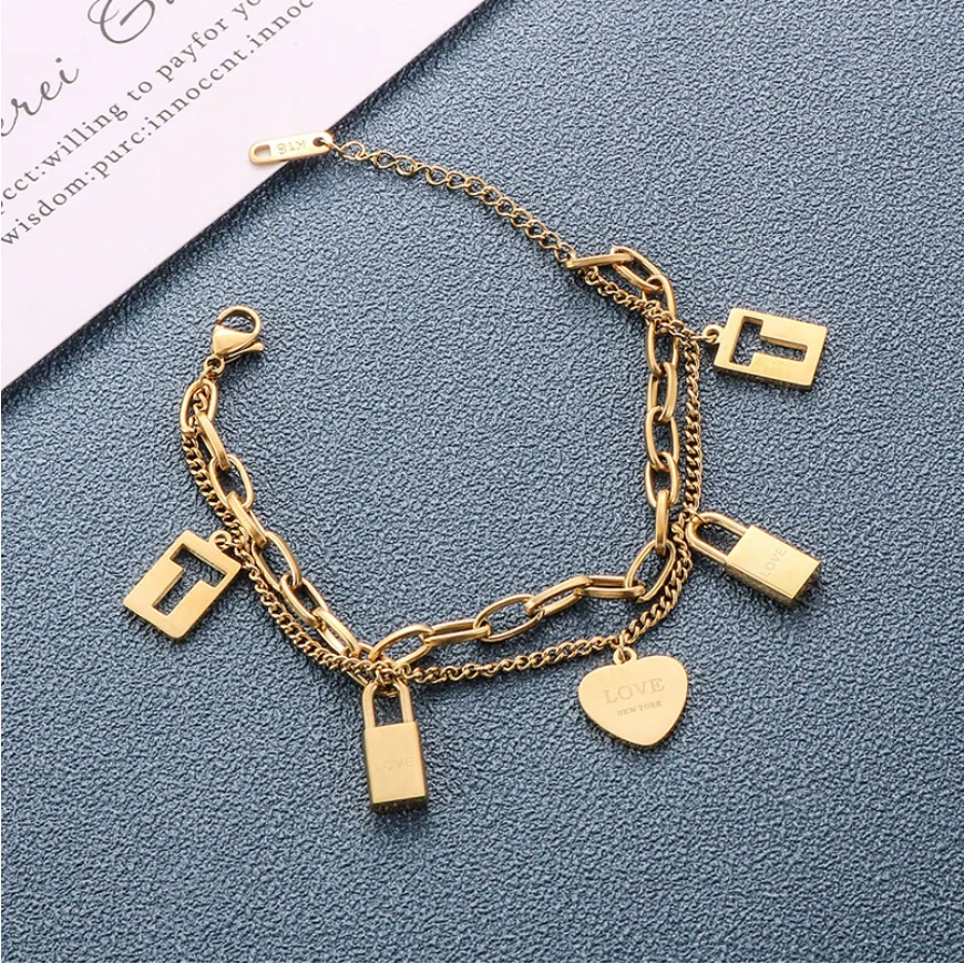 316L Stainless Steel New Fashion Upscale Jewelry Lovers Lock Multi-element Heart Shape Charm Thick Chain Bracelets For Women