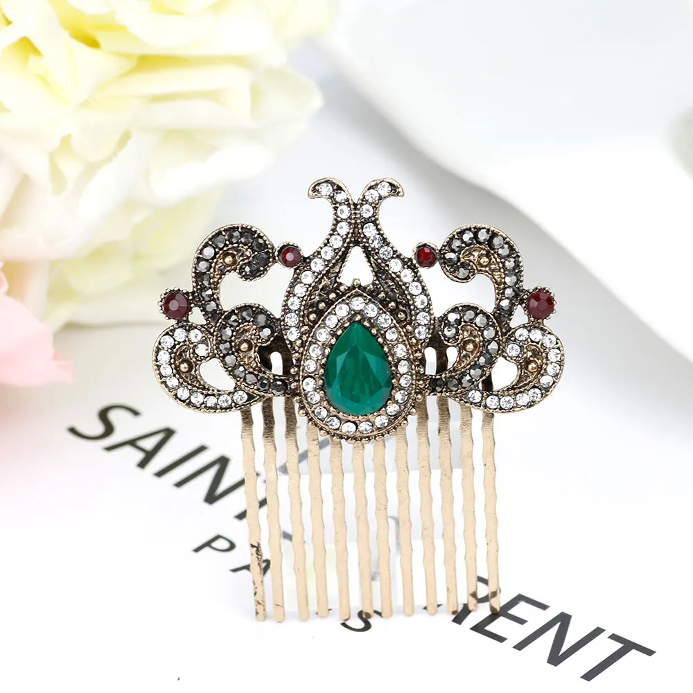 Sunspicems Turkish Women Flower Hair Comb Retro Gold Color Full Rhinestone Arab Ethnic Indian Hair Worn In a Bun Coil Jewelry