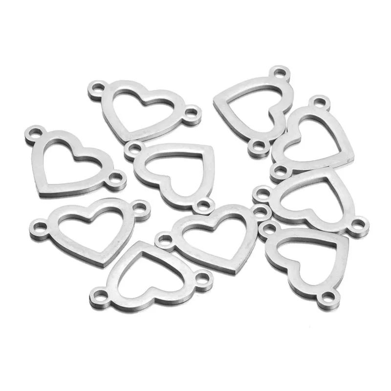 10pcs/lot Stainless Steel Gold Heart Charm Connector  Bracelet Necklace Hollow Pendants Diy Jewelry Making Supplies Hole 2.5mm