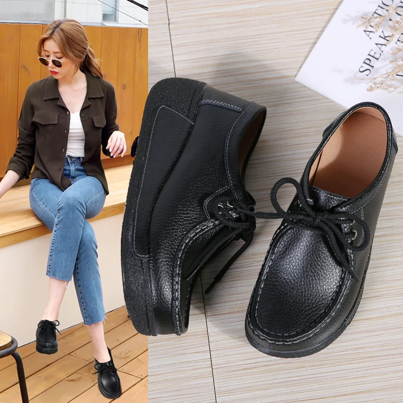 Woman Breathable Leather Lace-up Sneakers Women Fashion Black Soft Casual Shoes Female Women Flats Comfortable Loafers Shoes