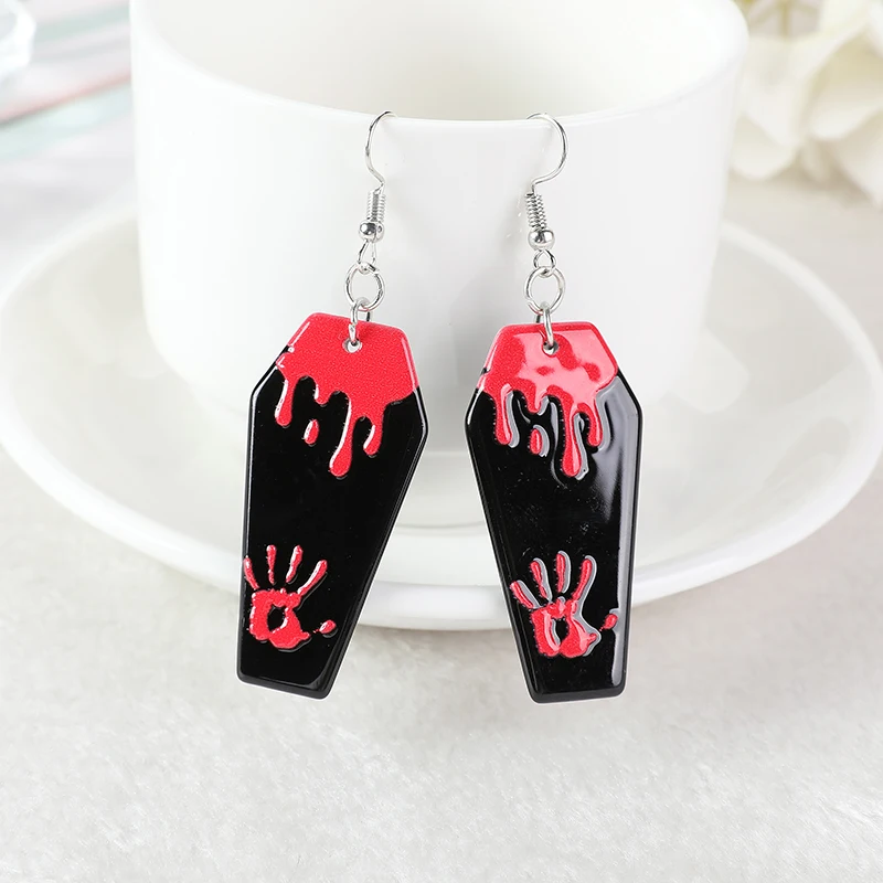 1 Pair 45*22 MM Bloody Coffin Board Woman Drop Earrings Flatback Acrylic Creepy Halloween Gifts Jewelry