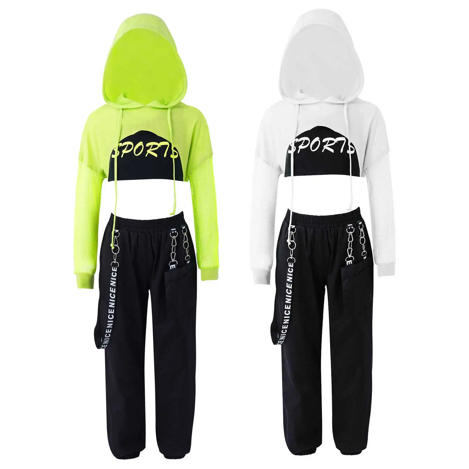 Kids Girls Jazz Dance Sets Hooded Long Sleeves Tops with Crop Vest and Pants Set for Modern Dance Hip Hop Performance Costume