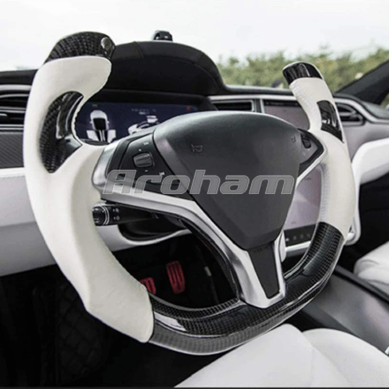 Yoke Steering Wheel Carbon Fiber And Perforated Leather For Tesla Model S Model X 2013 2014 2015 2016 2017 2018 2019 2020 2021