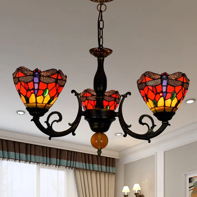 European Retro Mediterranean Creative Tiffany Stained Glass Rose Bedroom Restaurant Bar 3 Heads Chandelier Lamps