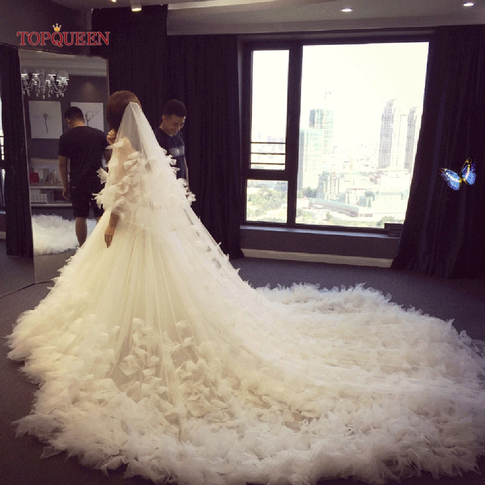 TOPQUEEN V126 Bridal Veils Long Cathedral with Blusher Two Layers Soft Comfortable Elegant Wedding Veil Cover Front and Back