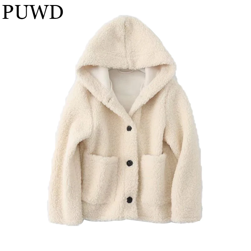 PUWD Sweet Women Hooded Lamb Wool Jacket 2021Autumn Winter Warm Single-breasted Solid Coat High Street Loose Female Chic Outwear