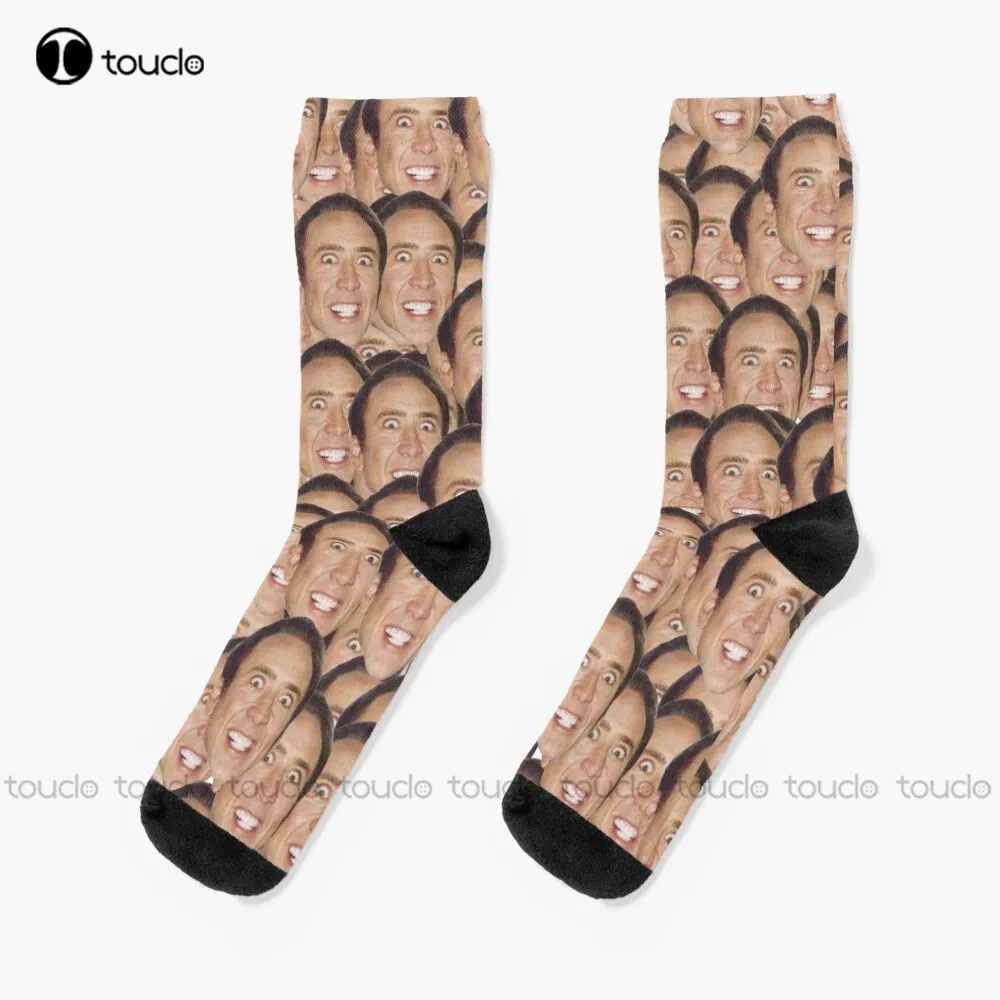 New Nicolas Cage Meme Funny Cringe Wired Face Socks Girls Socks Personalized Custom Unisex Adult Socks Popularity Gifts