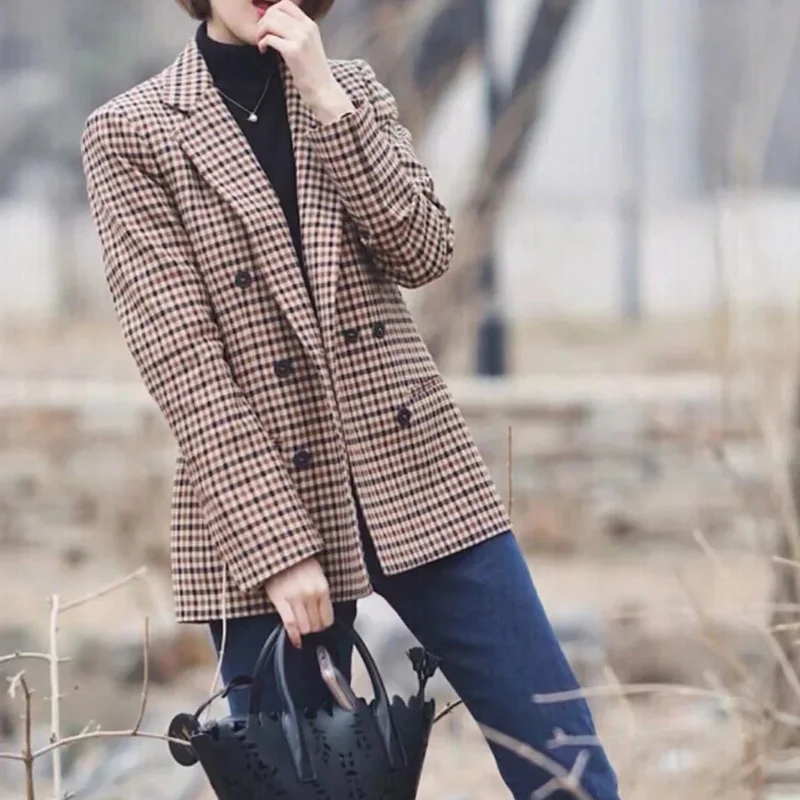 Woman Brown Houndstooth Plaid Female Blazer Autumn 2024 Retro Double-Breasted Office Lady Casual Suit Business Classic Coat Chic