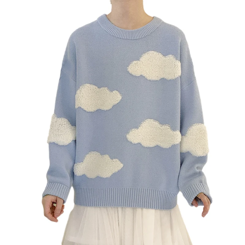 Kawaii Cloud Sky Blue Knitted Sweater Women Cute Soft Knitwear Girls Vintage Jumper Korean Fashion Ulzzang Long Sleeve Pullovers