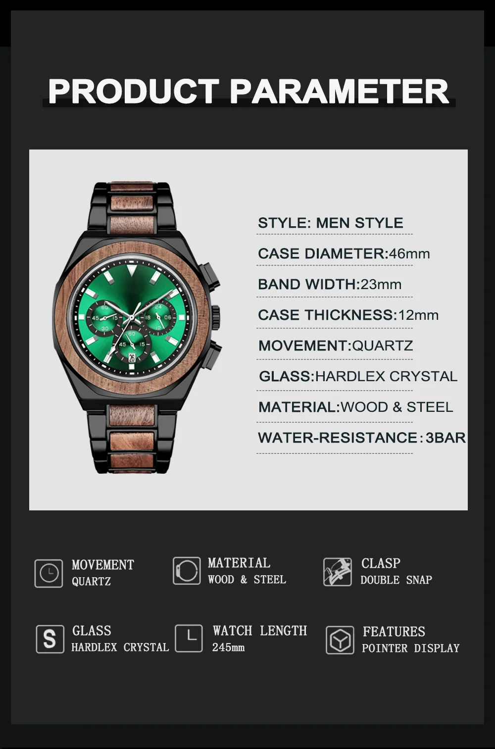 Chronograph Wooden Wristwatch for Men Quartz Wrist Watches Man Clock Black Vintage Sandalwood Walnut Metal Wood Band Case Reloj