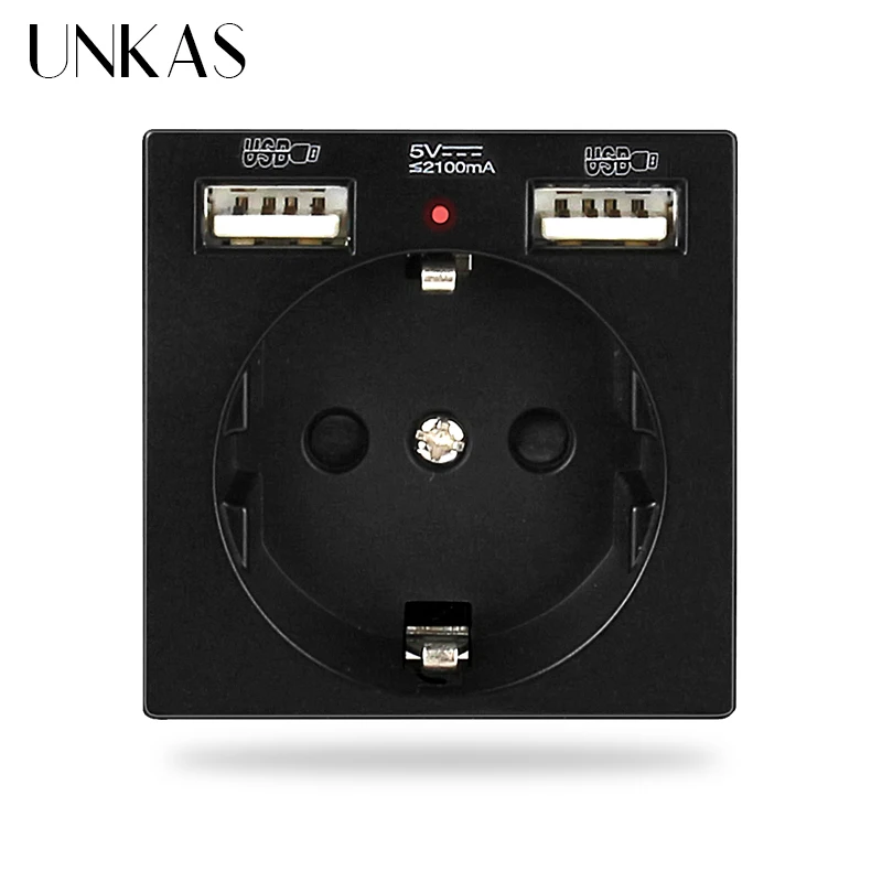 UNKAS B8 Modules DIY Free Combination EU / French 16A Wall Power Socket Dual USB Charger Port Hidden Soft LED Outlet