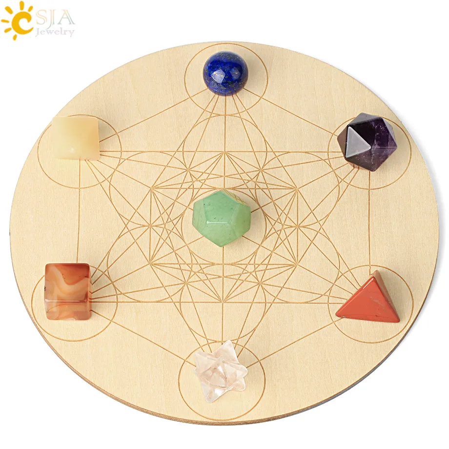 

CSJA Healing 7 Chakras Collections Altar Natural Stone Crystal Quartz Tumbled Gems Decora Reiki Feng Shui Round Wood Plate G672