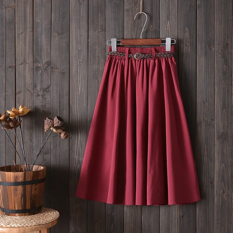 Women's Knee Length Summer Skirt with Belt, Korean Ladies, High Waist, Pleated, A-line, School Skirt, Female Fashion, 2022