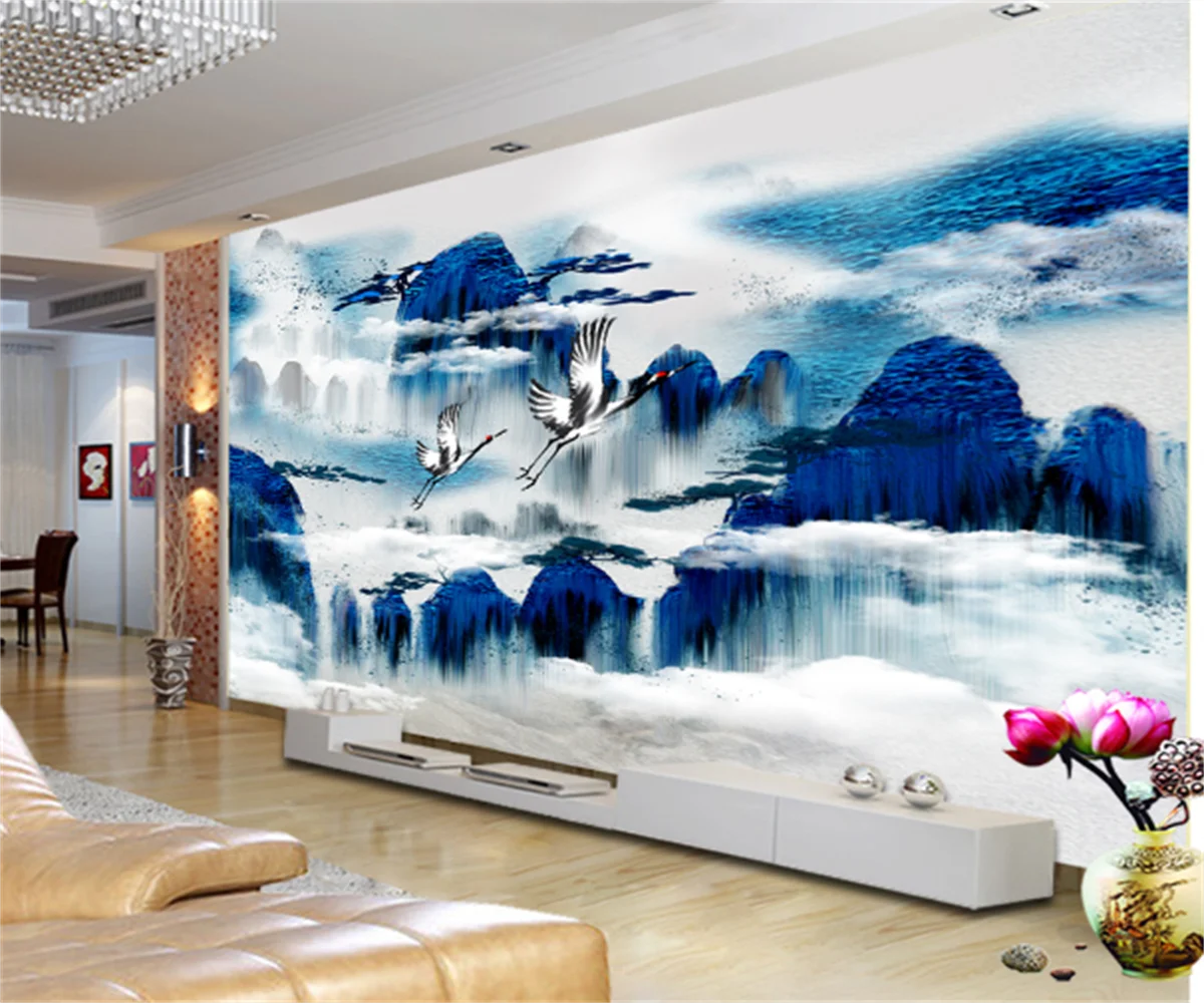 

New Chinese Ink Crane Songshan TV Background Wall Decoration Mural Professional Customized Wallpaper Wallpaper