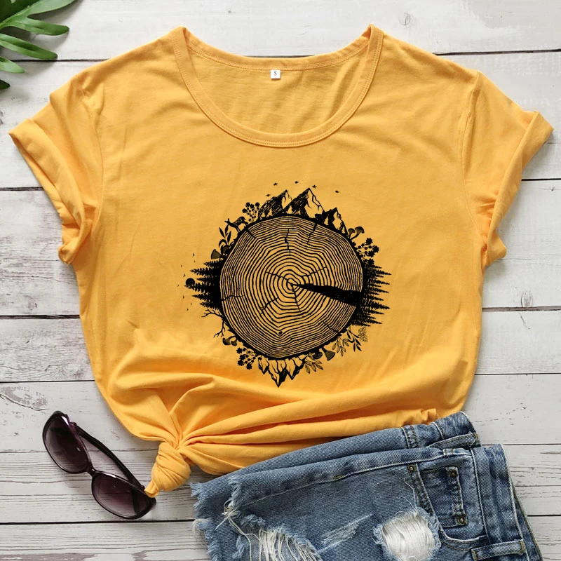 Hiking Tree Ring 100% Cotton T-shirt Aesthetic Hippie Wanderlust Top Tee Shirt Casual Women Short Sleeve Forest Mountains Tshirt