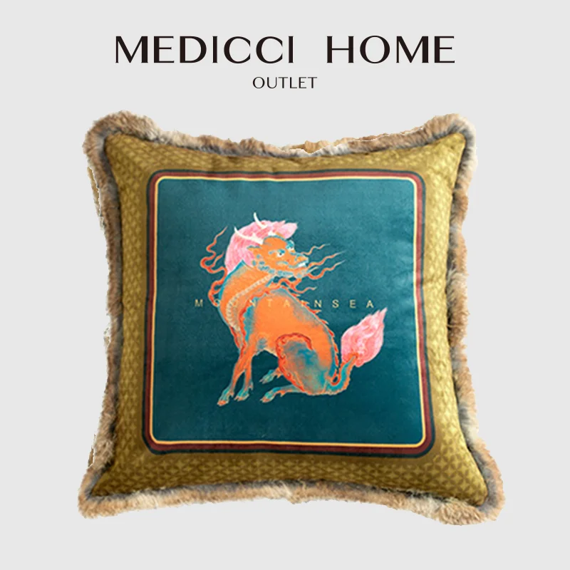 Medicci Home Kirin Pattern Cushion Covers Old Chinese Unicorn Mythological Animals Luxury Velvet Decorative Pillow Case 43x43cm