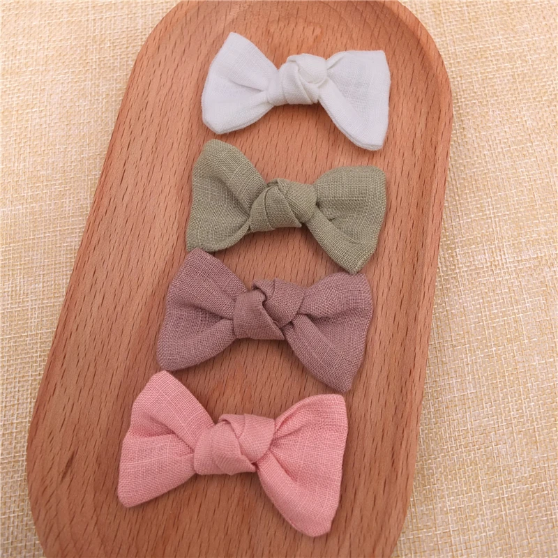 4 pcs Small Linen Fabric Bow Nylon Headbands Baby Hair Clips Bow Newborn Toddler Girls Mini Hair Bows Hairbands