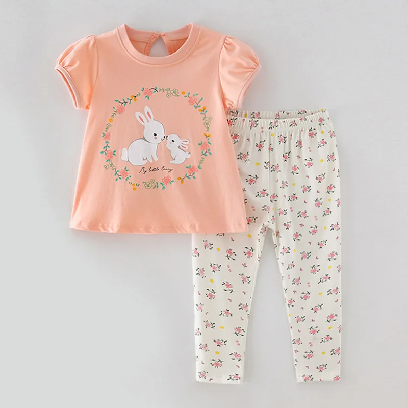 100% Cotton Girls Rabbit T-shirt Leggings Pants Floral Children Clothing Suits Summer Infant Kids Baby Girl Clothes Sets Outfits