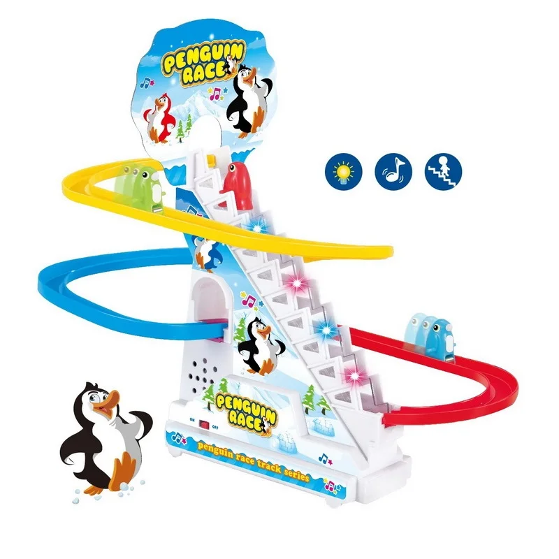 Climbing Stairs Track Toys Cartoon Penguin Dinosaur Dog Duck For Children Electronic Music Funny Boys Girls Kids Birthday Gift