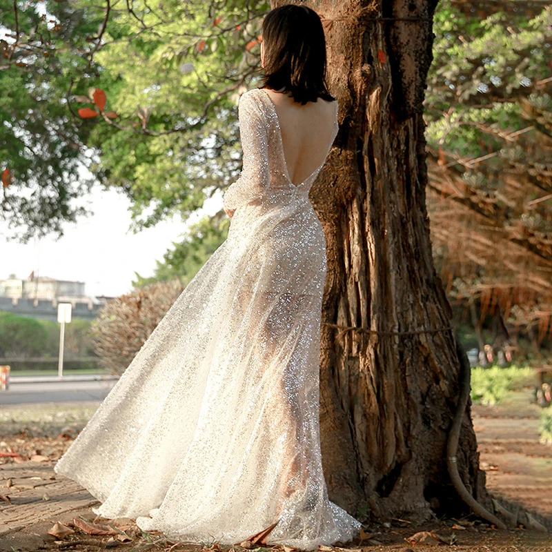 Vestidos Longo Ver através de decote em v Vestido de Noite Lantejoulas вечернее платье mangas compridas Robe de luxo Prom vestidos de festa para as mulheres